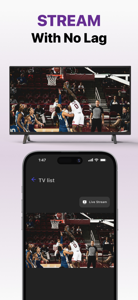 iPhone-Bildschirm spiegelt ein Live-Basketballspiel auf einen Roku-Fernseher