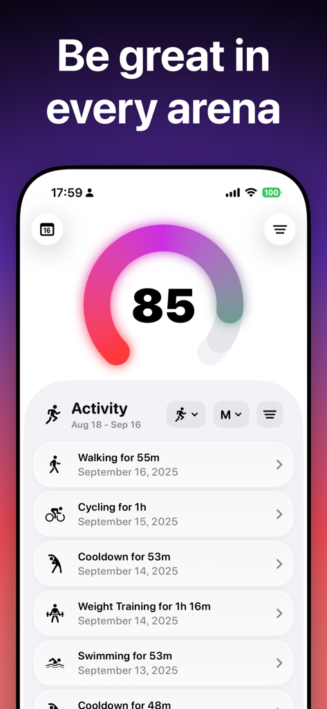 BodyState: Vitals Tracker - BodyState app interface showing a health score of 85 and a detailed activity history.