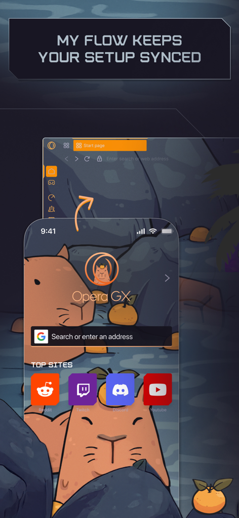 Opera GX - Función My Flow de Opera GX mostrando la sincronización de navegadores móvil y de escritorio con un tema personalizado de capibara para juegos
