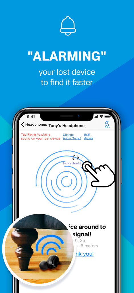Find My Phone & Device - La aplicación 'Encuentra Mi Teléfono y Dispositivo' mostrando una interfaz de radar y una función de alarma para localizar un auricular perdido debajo de una silla