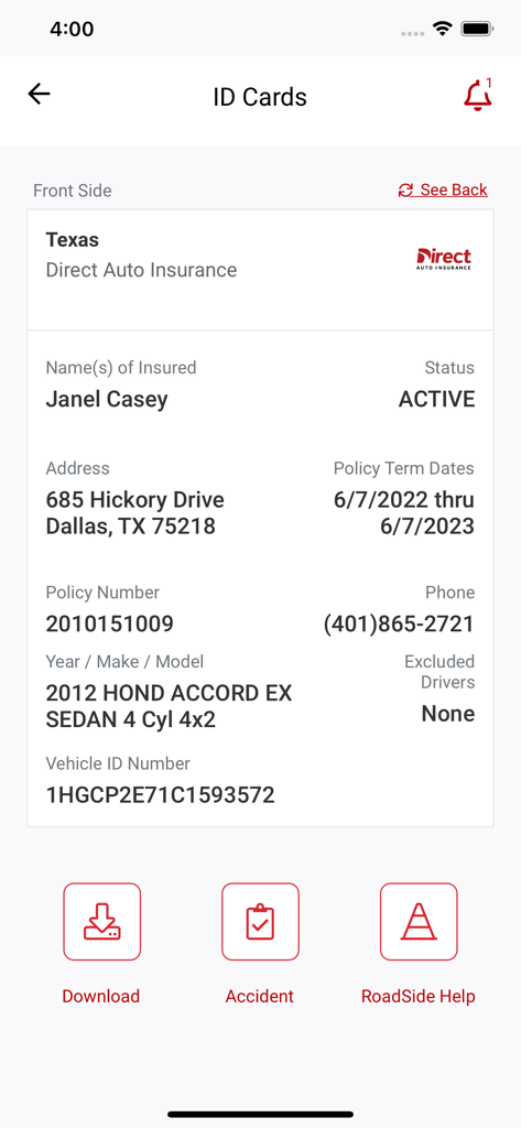 Direct Auto Insurance - Direct Auto Insurance app screen showing a digital ID card with policy information and active status