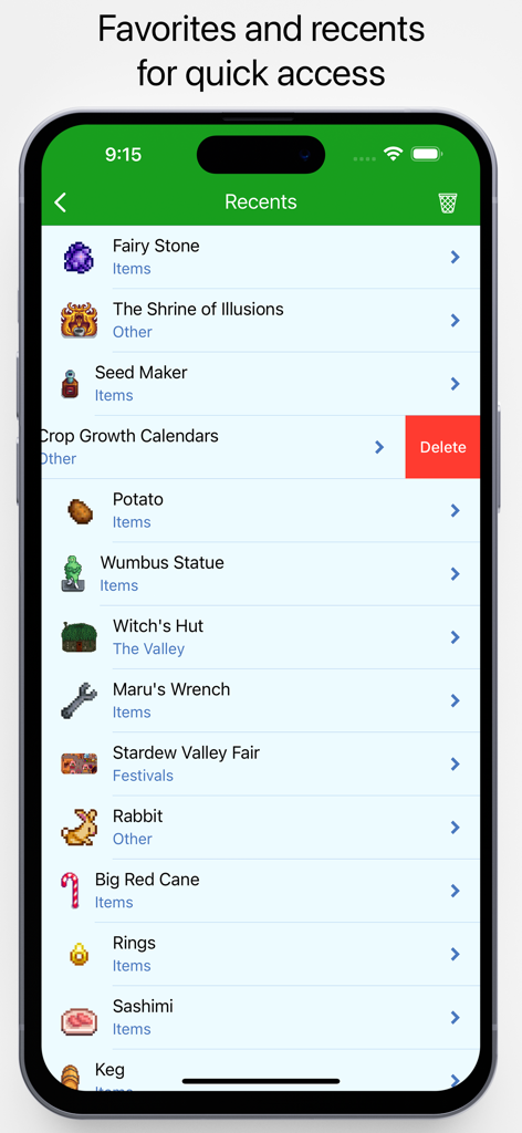 Database for Stardew Valley - Recents list in the Database for Stardew Valley app showing recently viewed game items and objects