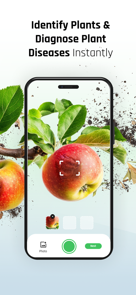 Plantis 앱 인터페이스가 사과에 AI 기반 식물 질병 진단을 보여줍니다.