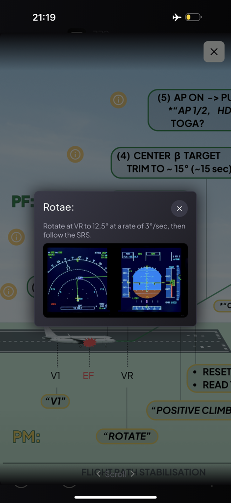 A320 flight training interface showing takeoff rotation instructions and cockpit instrument displays