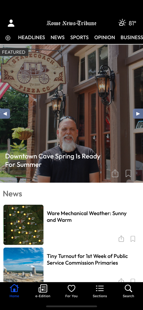 Rome News-Tribune mobile app home screen showing local news headlines and weather updates for Floyd County Georgia.