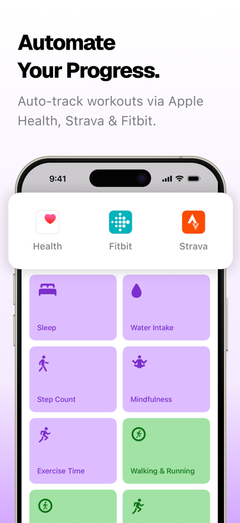 Habitify-App-Bildschirm mit automatisiertem Workout-Tracking durch Integration von Apple Health, Fitbit und Strava.