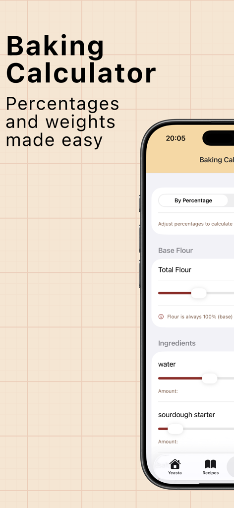 Yeasta: Sourdough Tracker - Interface do aplicativo Yeasta mostrando uma calculadora de panificação para ingredientes e porcentagens de fermento natural.