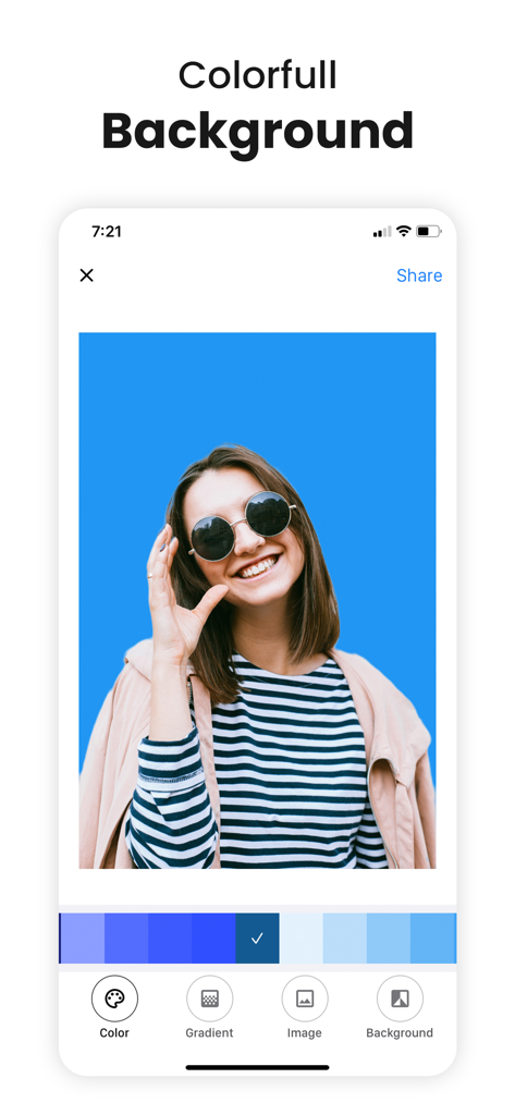 Remove & Change Background - Screenshot of the app showing a photo with a solid blue background and color selection tools