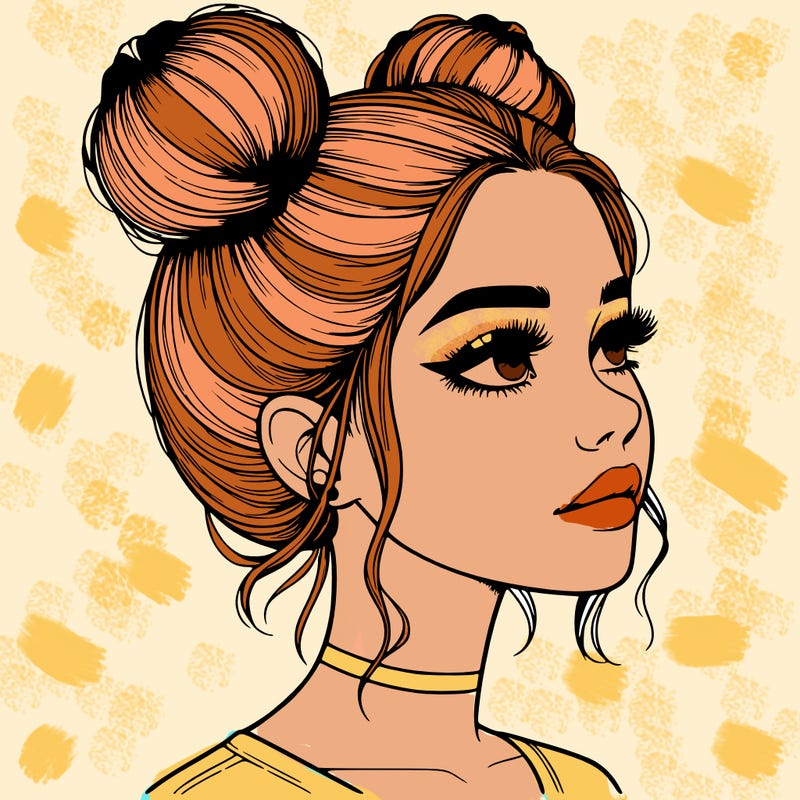 realistic girl with buns on the top of her head