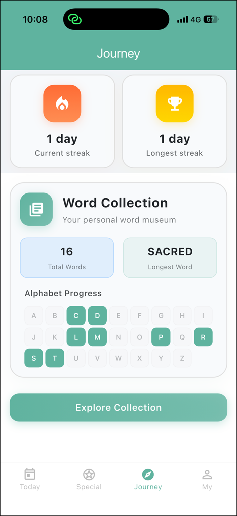 Squaredle - Squaredle App Journey-Bildschirm, der tägliche Serien, Wortsammlungsstatistiken und den Alphabet-Fortschritt anzeigt.