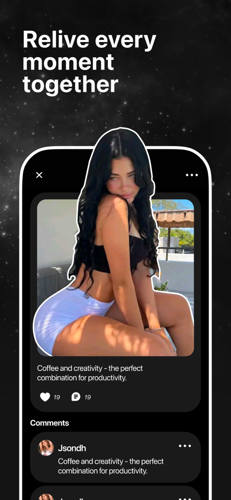 Flashly - Show us - Flashly mobile app interface showing a user post with a photo and comments section