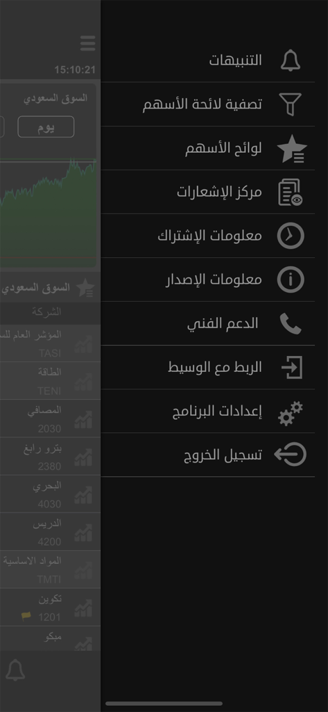 TickerChart Live for iPhone - Menu di navigazione laterale dell'app TickerChart Live che mostra impostazioni e strumenti di trading in arabo