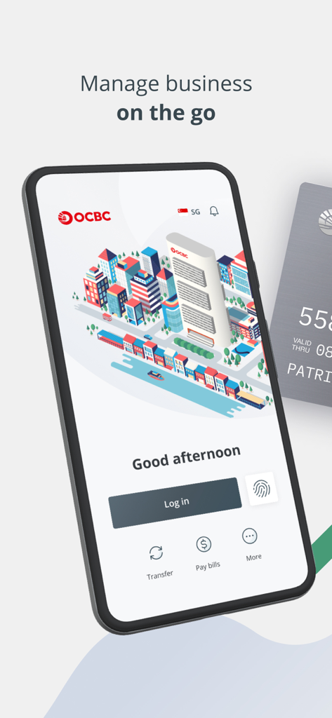 OCBC Business - The OCBC Business mobile app login screen featuring biometric recognition and a city illustration