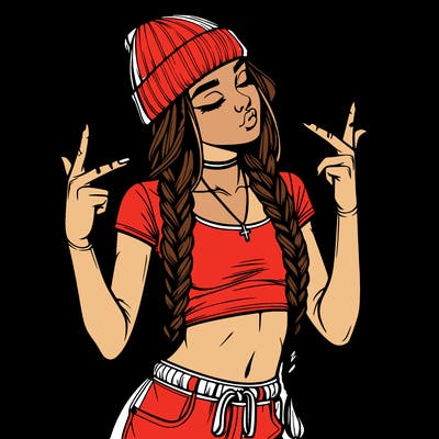 realistic teenage girl with braids and a beanie and crop top doing 🫶🏼