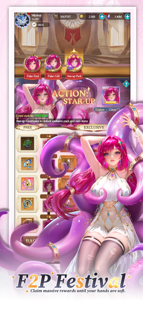 Goddess Era: 2331 Draws - Goddess Era F2P 축제 이벤트 화면에서 별 승급 보상을 보여주는 분홍색 머리의 애니메이션 여신 캐릭터