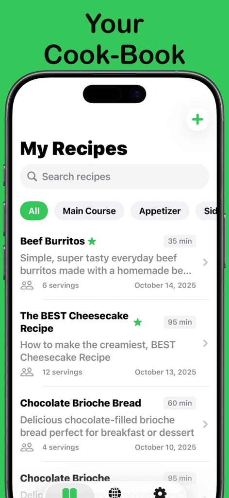 Cook-Book | Ai Powered Recipes - The My Recipes screen of the Cook-Book app displaying a list of saved dishes including beef burritos and cheesecake with search and category filters.