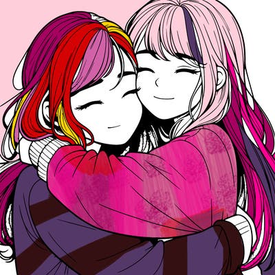 realistic two girls hugging