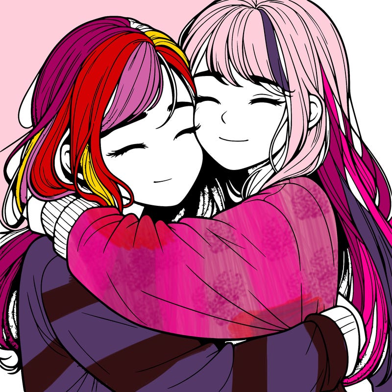 realistic two girls hugging