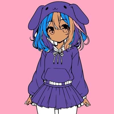 pretty anime girl wearing a fluffy hoodie with bunny ears on the hood and a skirt