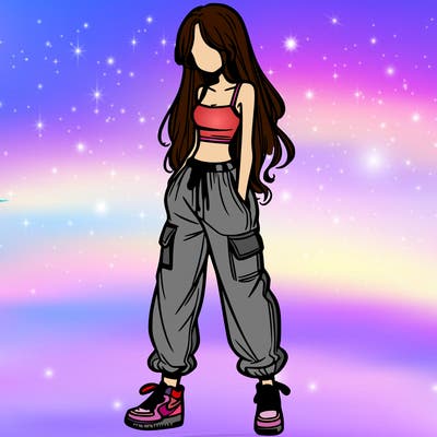 girl in baggy pants crop top and long hair