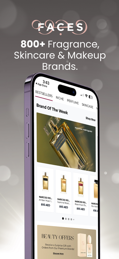 FACES Beauty – فيسز - FACES Beauty mobile app on an iPhone showing luxury fragrance brand of the week and shopping offers