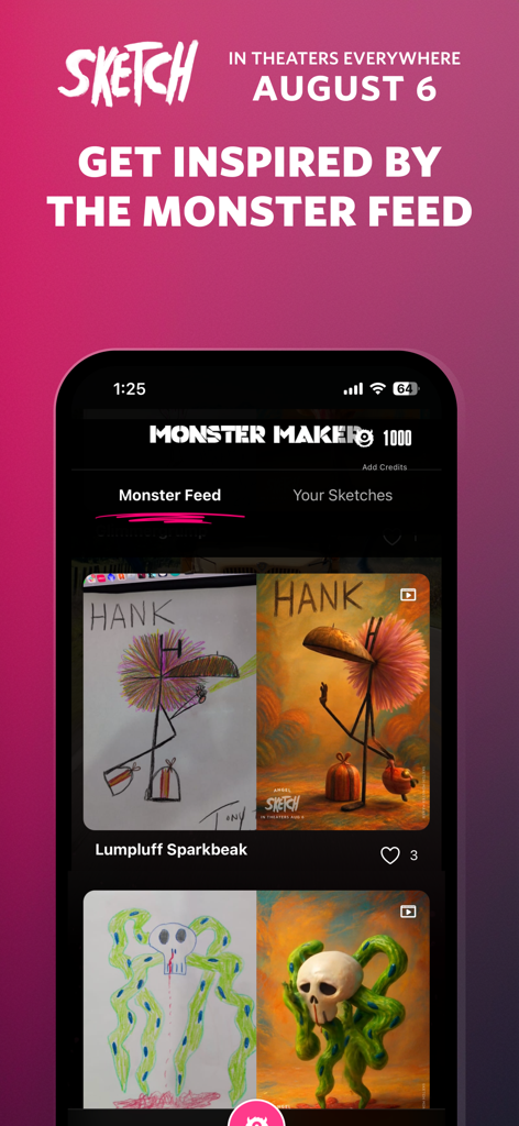 App interface showing a feed of hand-drawn sketches next to their AI-rendered monster versions