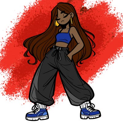 girl in baggy pants crop top and long hair