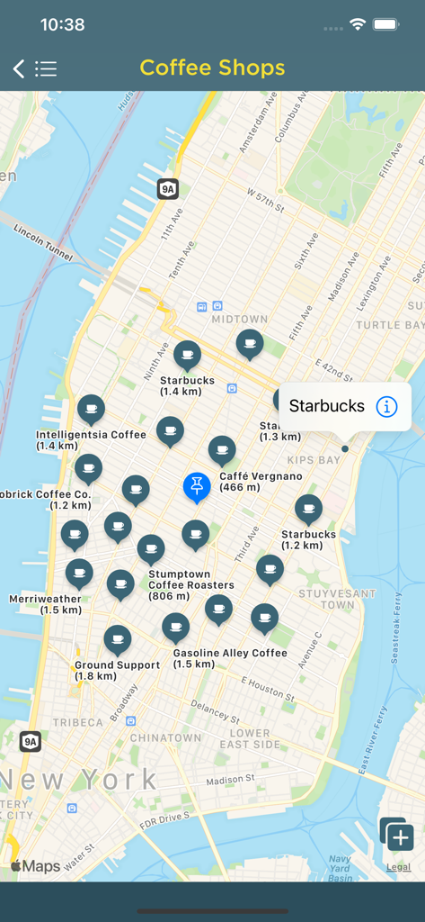 e•Locate - Eine Karte von Manhattan in der e•Locate-App, die verschiedene Café-Standorte mit ihrer Entfernung vom Benutzer anzeigt.