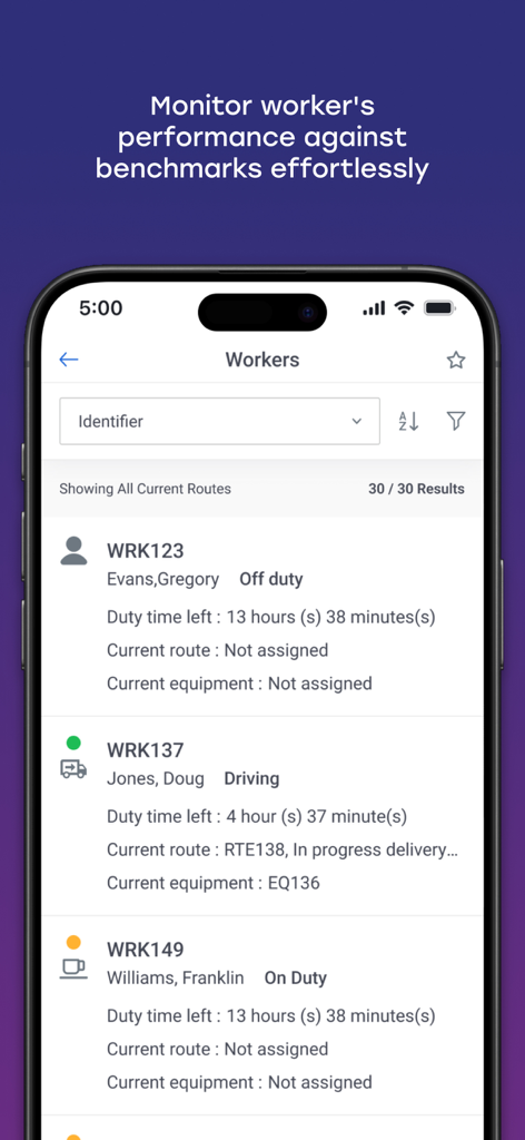 Omnitracs Mobile Manager dashboard displaying a list of workers with their current status and duty time left