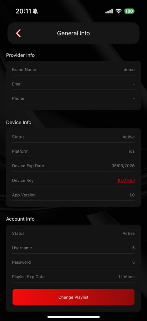 Tela de informações gerais do aplicativo Blessed Player exibindo provedor, dispositivo e detalhes da conta.