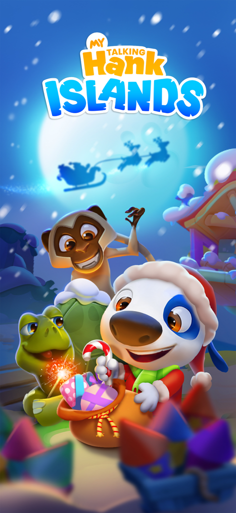 My Talking Hank: Islands - My Talking Hank vestito da Babbo Natale con un sacco di regali insieme agli amici dell'isola sotto un cielo notturno innevato