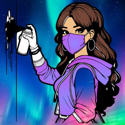 realistic girl with mask spray painting a wall