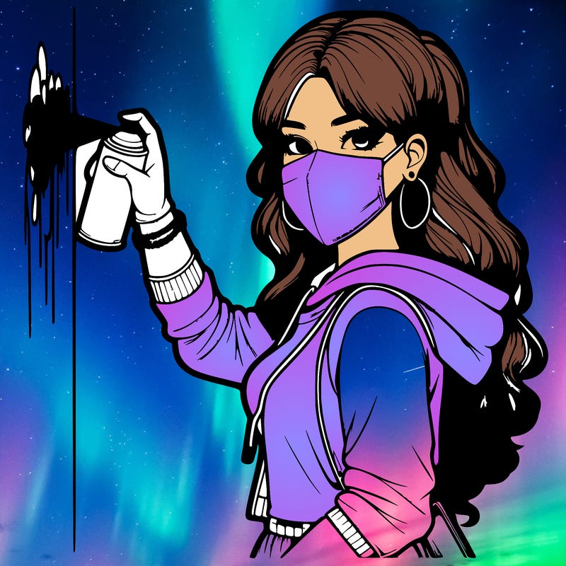 realistic girl with mask spray painting a wall