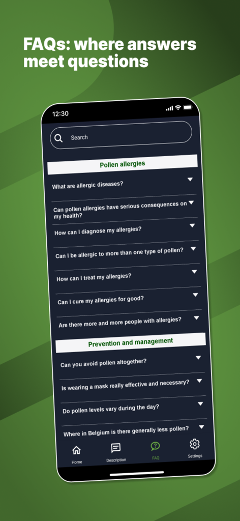 AirAllergy - AirAllergy mobile app FAQ screen displaying questions about pollen allergies and prevention management.