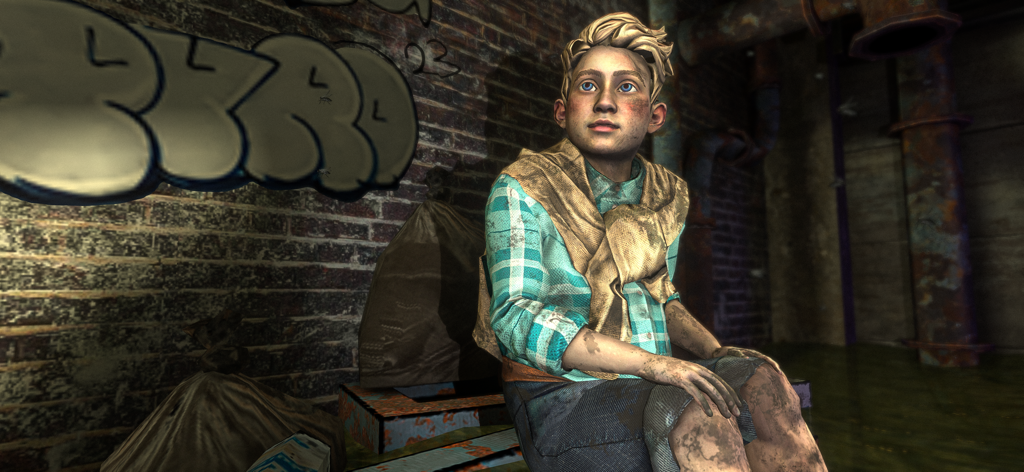 Horror Tale 3: The Witch - Un personaje de niño pequeño sentado en un callejón oscuro y sombrío con grafitis en Horror Tale 3