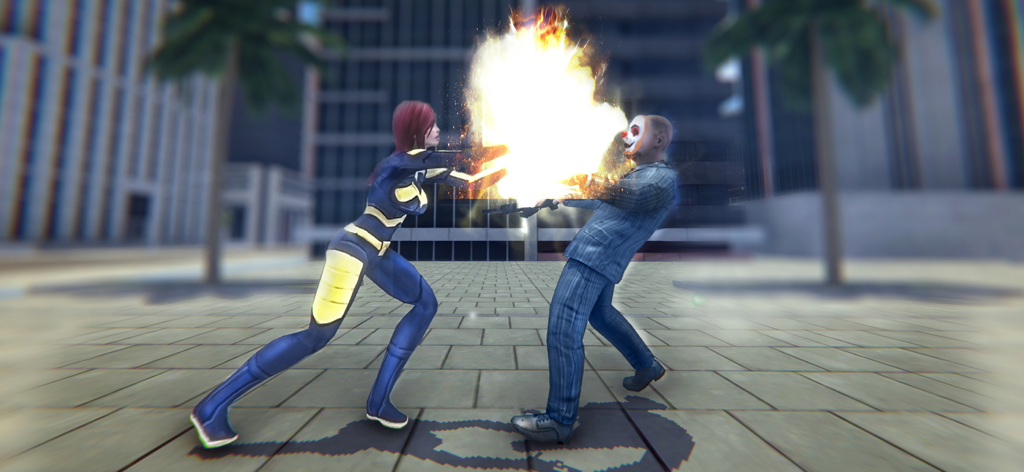 Spider Super Rope Hero Fighter - Una superheroína atacando a un villano enmascarado como payaso con poderes de fuego