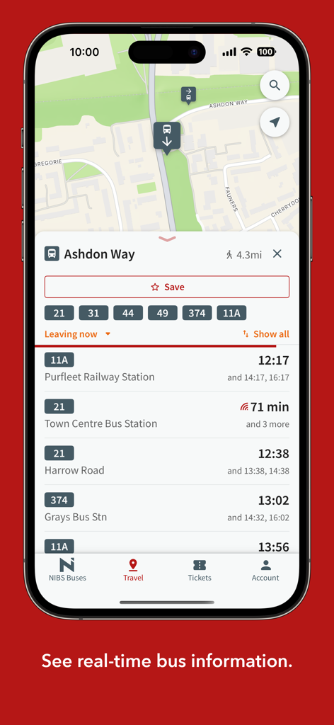 NIBS Buses - Interface of the NIBS Buses mobile app showing a map and real-time bus departure times for a specific stop.