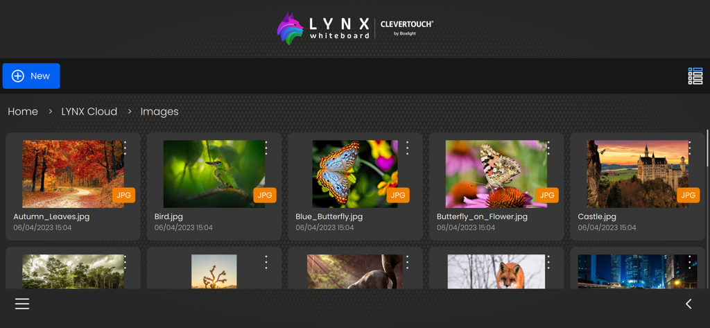 The LYNX Whiteboard app interface displaying a collection of images stored in the LYNX Cloud gallery.