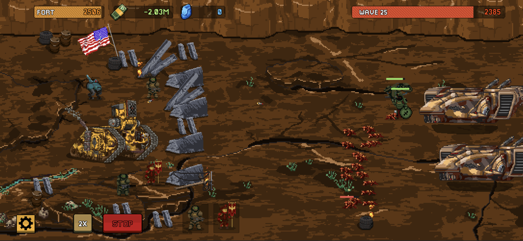 Fortress: Stickman Trenches - Una escena de batalla en Fortress Stickman Trenches con un tanque de asedio amarillo y soldados defendiendo una fortaleza contra una horda de enemigos alienígenas rojos.