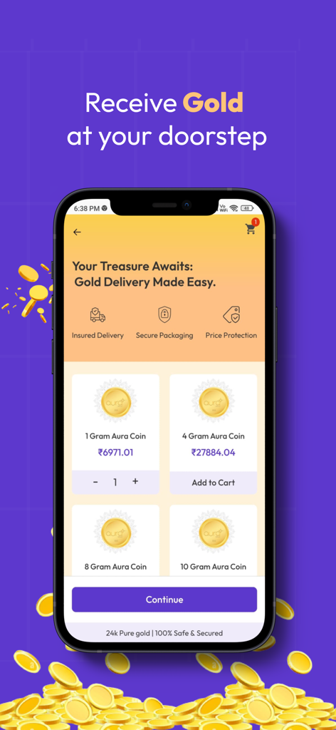 Aura - India's Gold Saving App - Écran de l'application Aura montrant l'achat de lingots d'or et les options de livraison à domicile