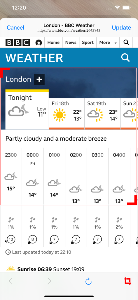 Widget Web 26 - Widget Web 26アプリのインターフェイス。カスタムウィジェットを作成するためにBBC Weatherページの上に赤い選択ボックスが表示されています。
