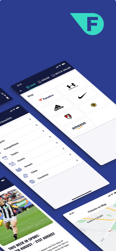 A collection of Fixture Calendar app screens showing a sports merchandise shop, categories for teams and events, and a map view for local fixtures.