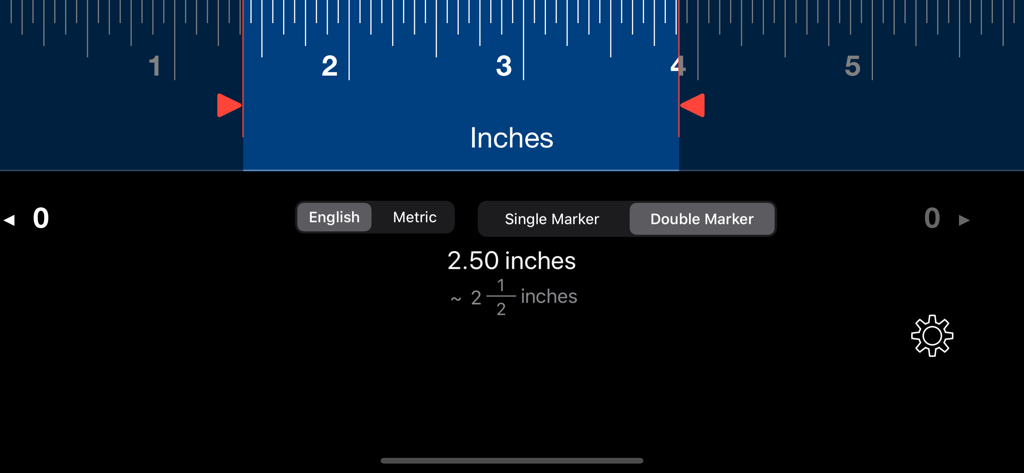 Digital ruler interface displaying a measurement of 2.5 inches
