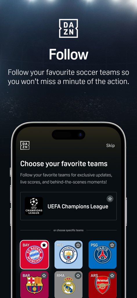 DAZN app screen for choosing favorite soccer teams and leagues