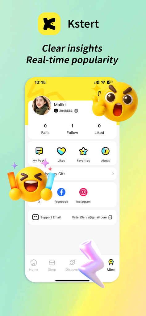 Screenshot of the Kstert app showing the user profile page with follower stats, social media links, and account settings.