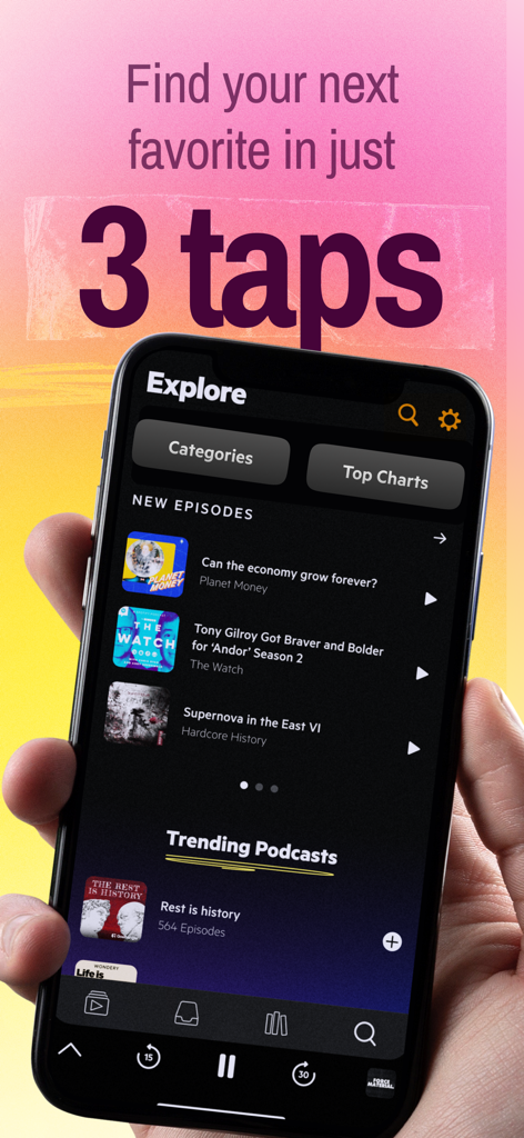 Hand holding iPhone showing the Castro podcast app explore tab with trending episodes