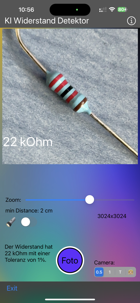 AI Resistor Detector - Tela do aplicativo Detector de Resistores AI mostrando um resistor escaneado de 22 kOhm