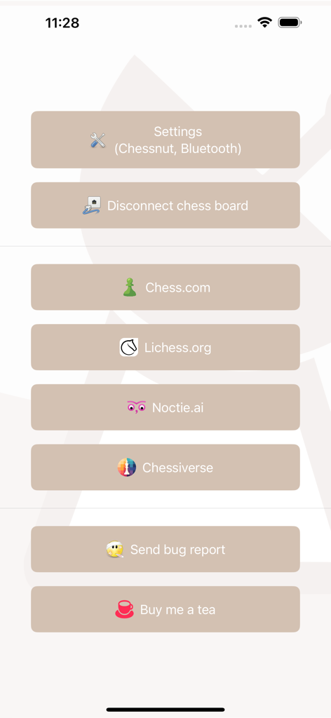 Chessconnect - Chessconnect app home screen showing options to connect electronic chessboards to online platforms like Chess.com and Lichess.