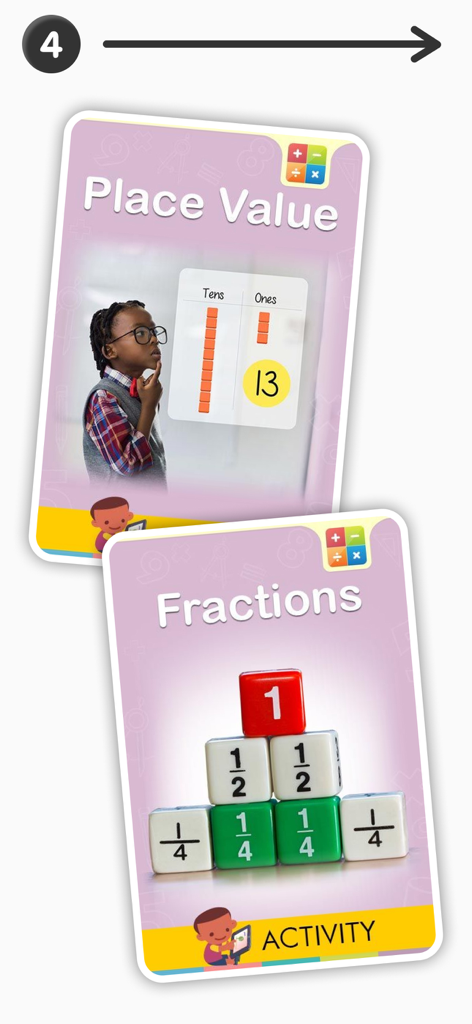 Two educational cards from a 1st grade math app showing place value and fractions lessons for children