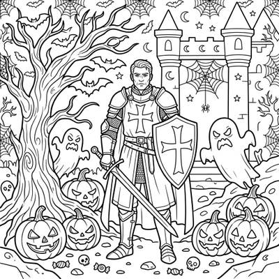 Embark on a thrilling coloring quest with a brave Knights Templar amidst a spooky Halloween night. This intricate page combines medieval valor with classic autumnal frights for a unique creative experience.